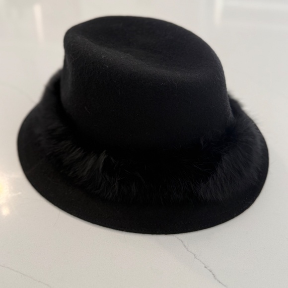 Eric Javits Black Bunny Wool Hat with Rabbit Fur Trim One Size NWT